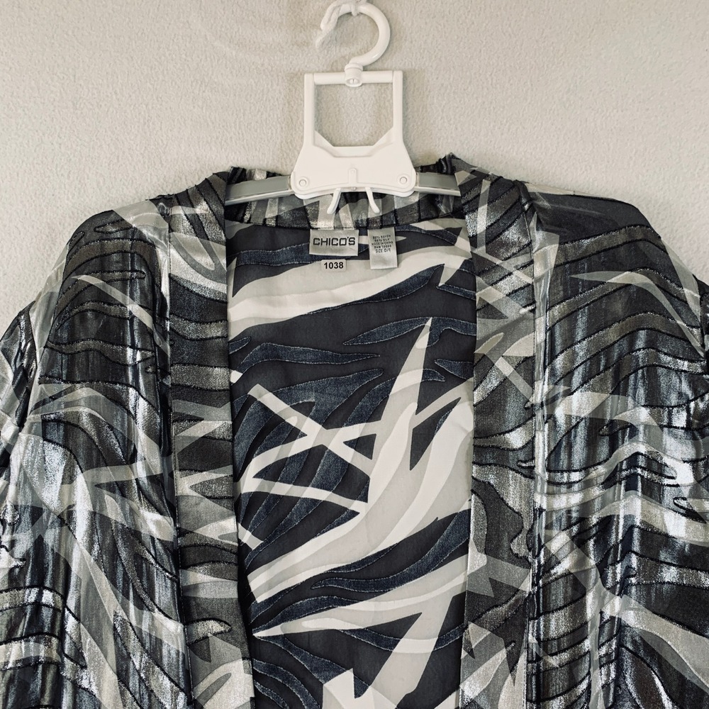 Chico's Kimono Jacket Women Lightweight Metallic Black Silver Silk Blend 0/1 S/M - Picture 6 of 10